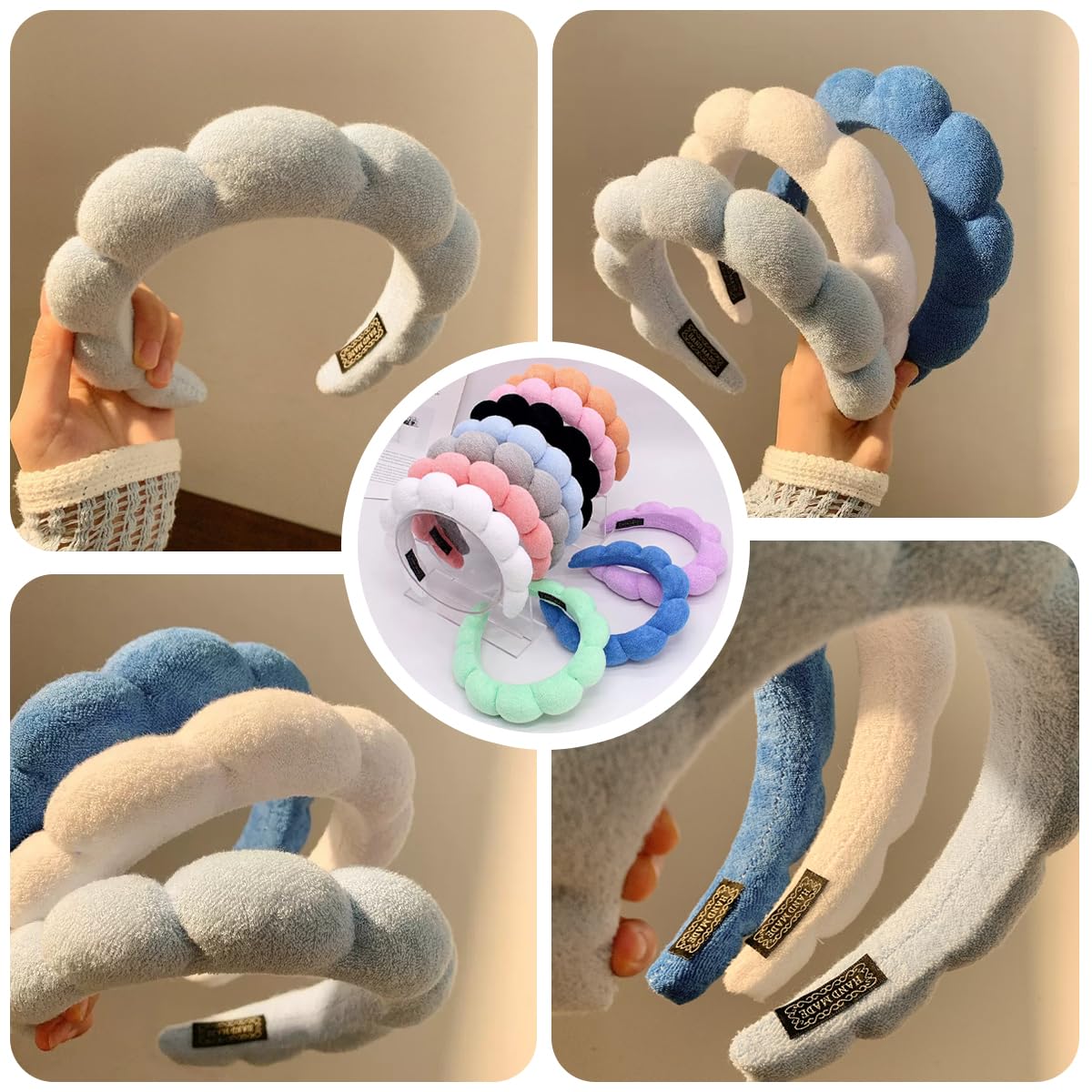 ANEESAA Spa Headband for Washing Face Wristband Set Sponge Makeup Skincare, Terry Cloth Bubble Soft Get Ready Hairband for Women Girl Puffy Padded Headwear Thick Hair Accessory (Blue)