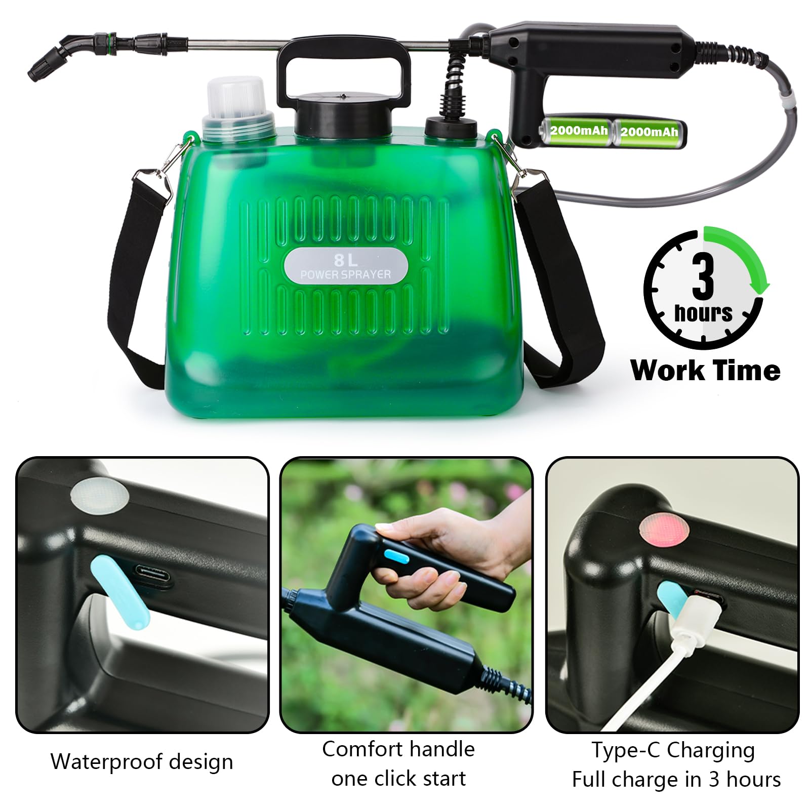 Ramarmro Battery Powered Sprayer 2 Gallon, Electric Sprayer with 4 Mist Nozzles, USB Rechargeable Handle, 32in telescopic Wand, Garden Sprayer with Adjustable Shoulder Strap for Lawn, Garden, Cleaning