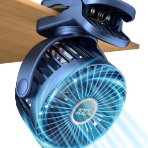 buywoo Portable Desk Fan, Battery Powered Stroller Fan With Strong Clamp Grip, 360° Rotation, 3-Speed & LED Display, Small Rechargeable Personal Clip On Fan For Bedroom, Office, Gyms, Blue