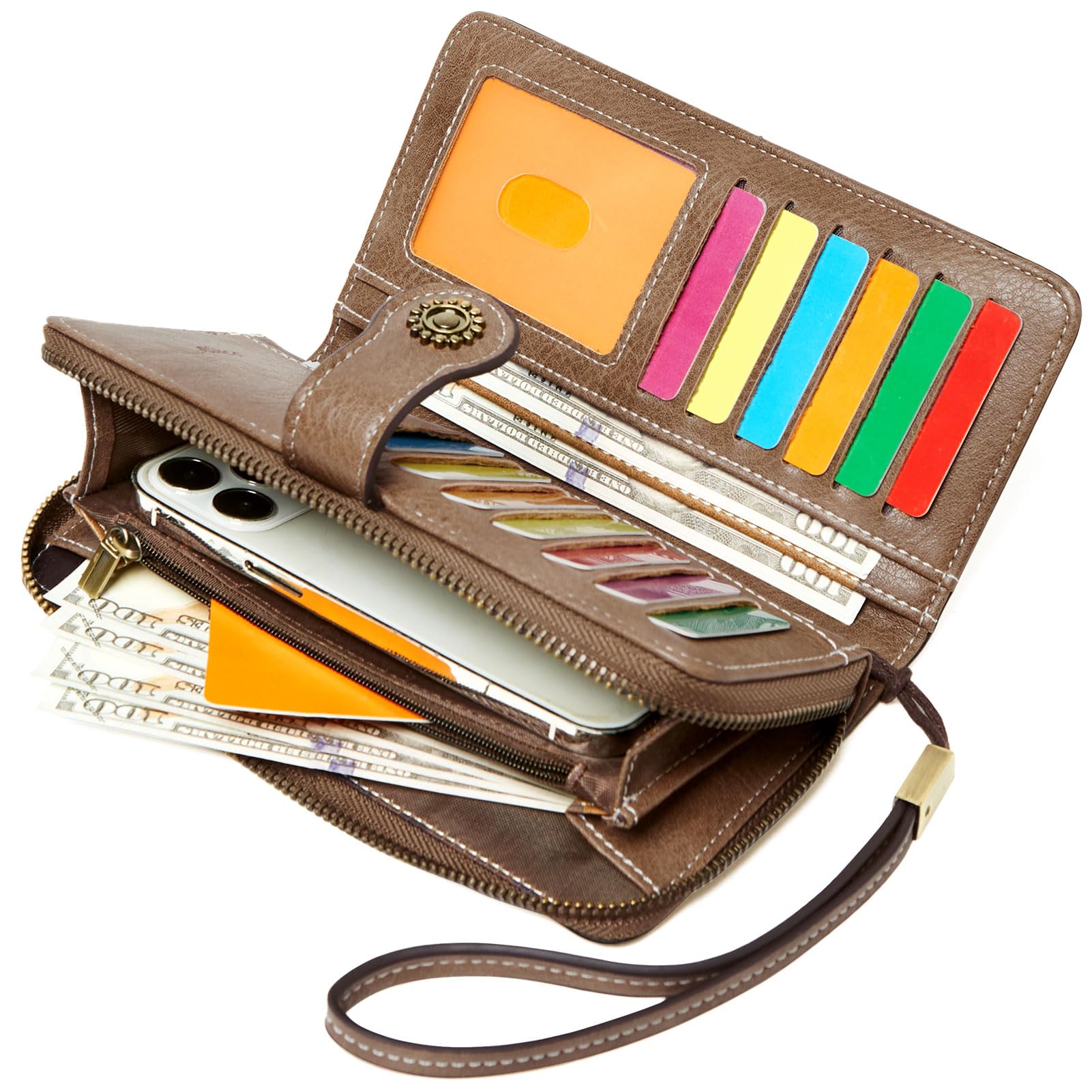 TFKGS Wallet for Women RFID Blocking Leather Large Capacity Card Holder Ladies Phone Clutch Travel Long Purse Wristlet Brown