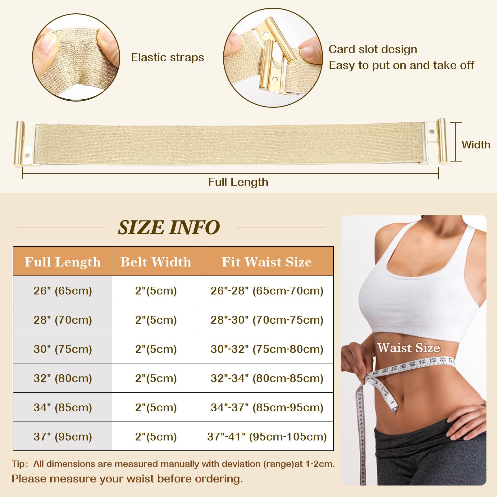 Glamorstar Wide Stretchy Waist Belt for Women Elastic Belt for Dresses Beige Band Gold Buckle 95cm Fit Waist 37"-41"