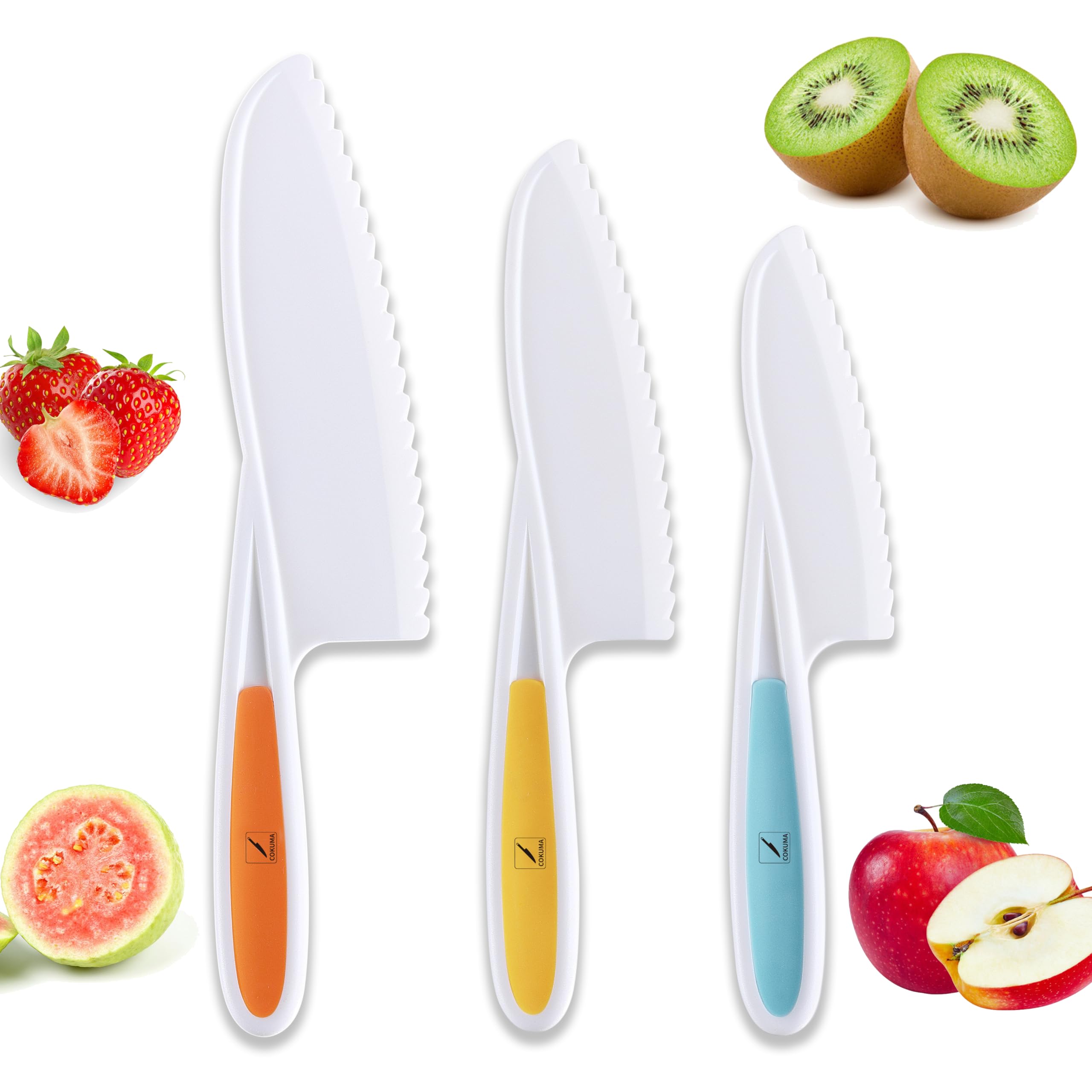 COKUMA 3PCS Toddler Knife Set, Plastic Kids Knife Set for Real Cooking, Round Tips with Serrated Edges, Perfectly Safe Kids Knife Set (Orange, Blue, Green)