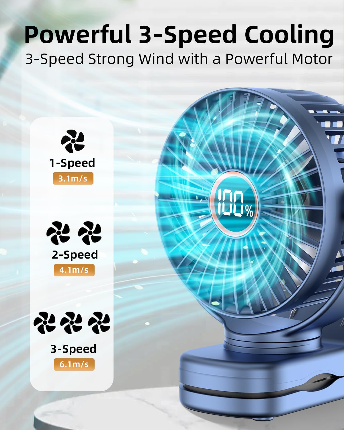 buywoo Portable Desk Fan, Battery Powered Stroller Fan With Strong Clamp Grip, 360° Rotation, 3-Speed & LED Display, Small Rechargeable Personal Clip On Fan For Bedroom, Office, Gyms, Blue