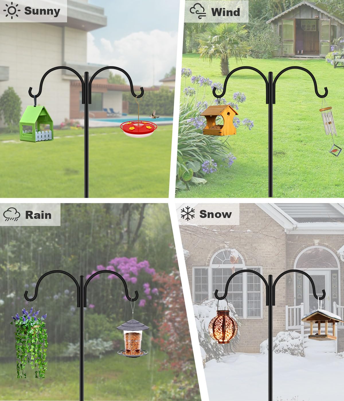 Artibear Double Shepherd Hooks for Outdoor, 76" Heavy Duty Bird Feeder Hangers Garden Hooks with 5-Prong Base, Outside Hanging Pole for Plant Baskets, Solar Light Lanterns, Wind Chimes, 1 Pack