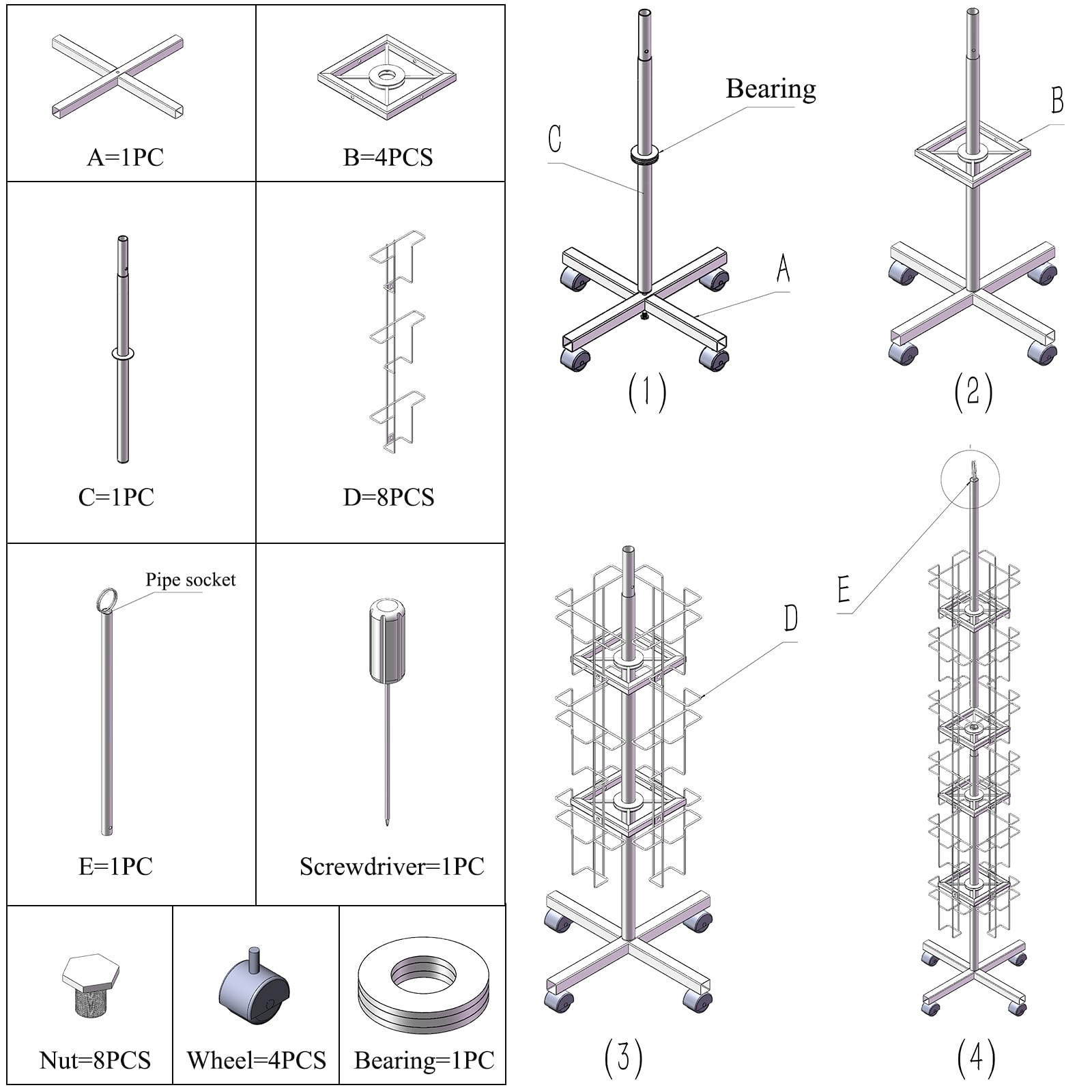 GlikCeil 2 Pcs Rotating Greeting Card Rack 24 Pocket 6 Tier Metal Greeting Card Display Rack Fit 5" x 7" Cards Stand Spinning Postcard Greeting Card Holder for Grocery Retail Thrift Convenience Store