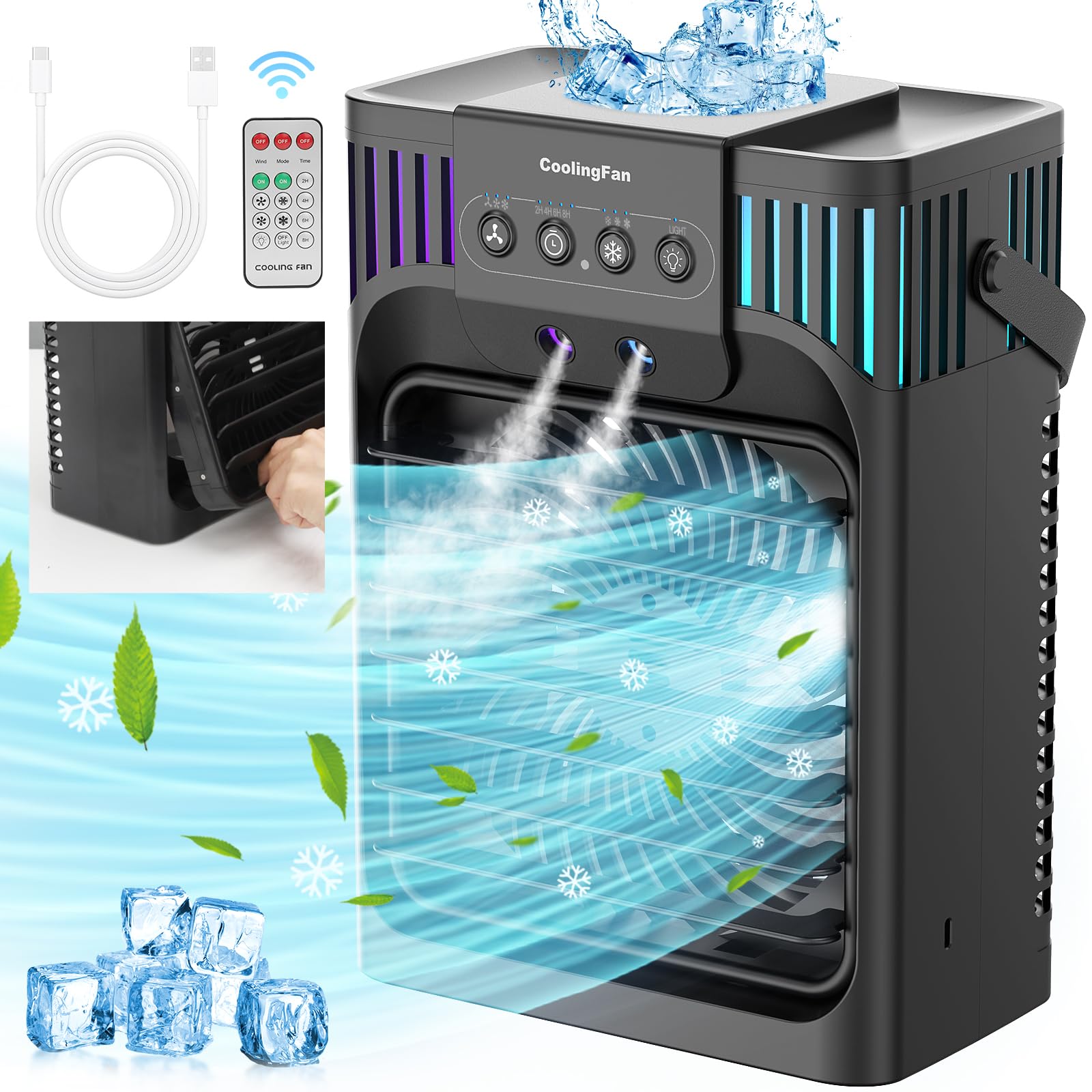 Portable air conditioner,1200 milliliter Cooling fan Air Conditioner with Remote,4 Wind Speed & 7 Led Light,3 Mist&2-8H Timer,Personal Air Conditioner