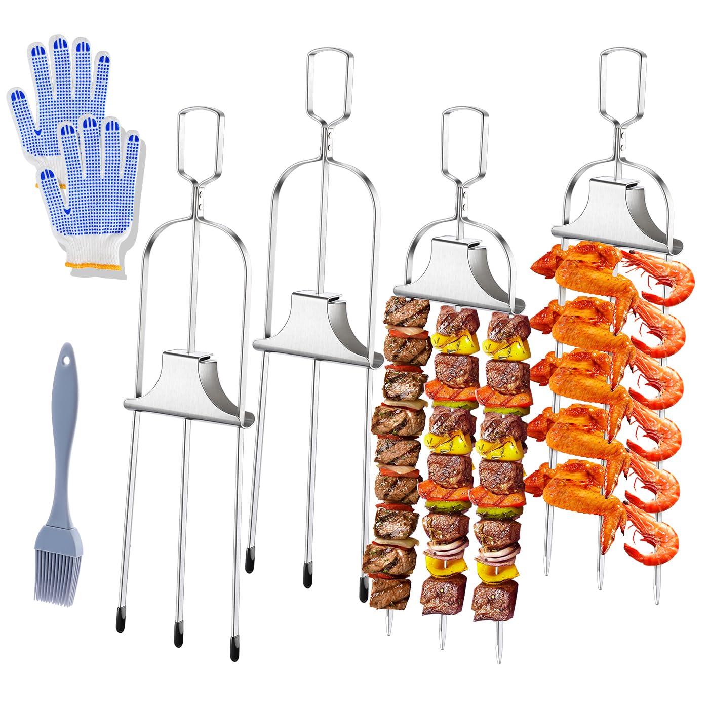 4PCS Kabob Skewers for Grilling, 14'' Stainless Steel Kebab Skewers, 3 Prong Metal Grill Skewers with Push Bar Slider, Skewer Sticks for Meat Veggies Marshmallows Fruits, BBQ Barbecue Accessories