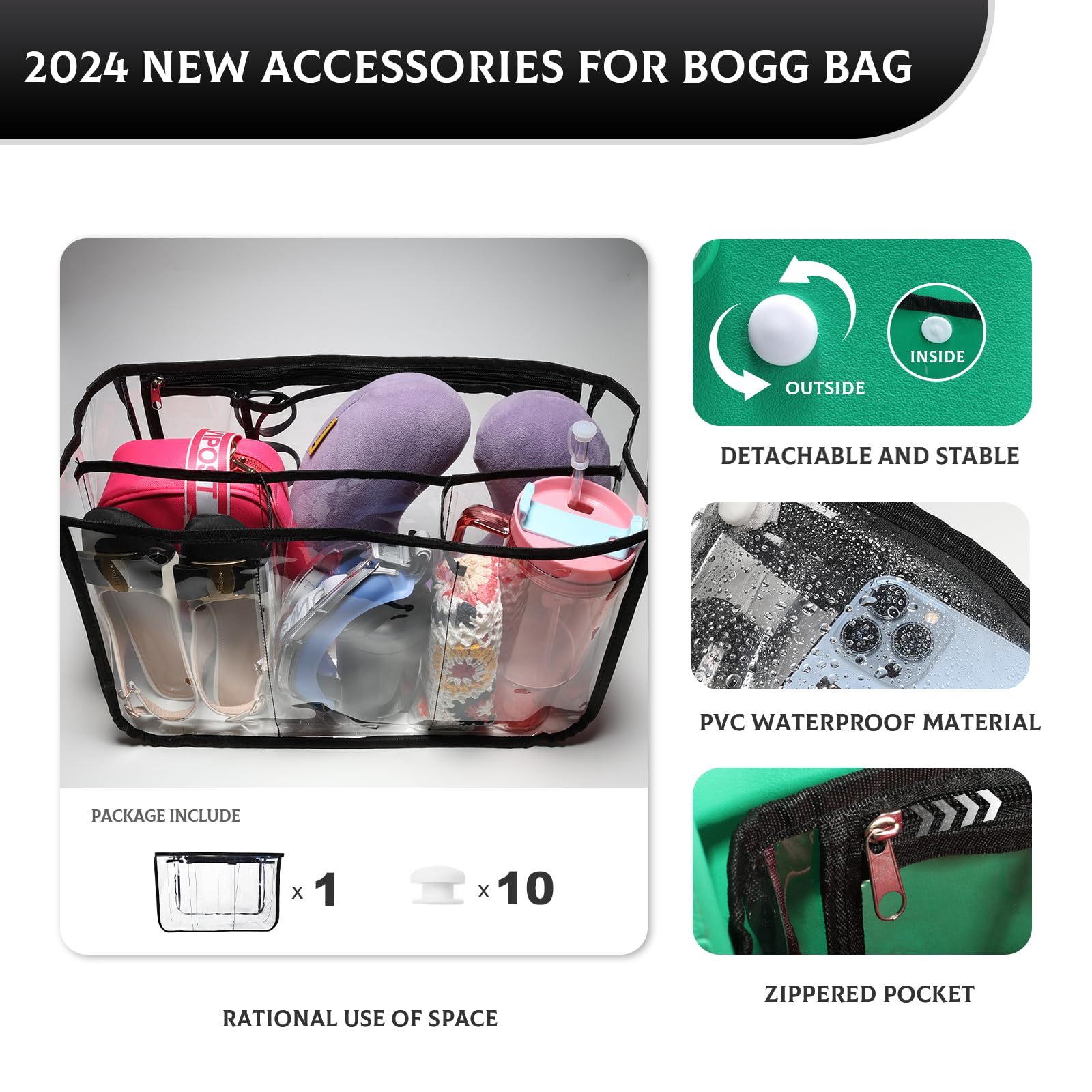 FIHCH Clear Beach Bag Organizer Original Accessories for Bogg Bag X Large Storage Bag Suitable for BOGG BAG Organizing Your Bag and Divide Space,Transparent & Black