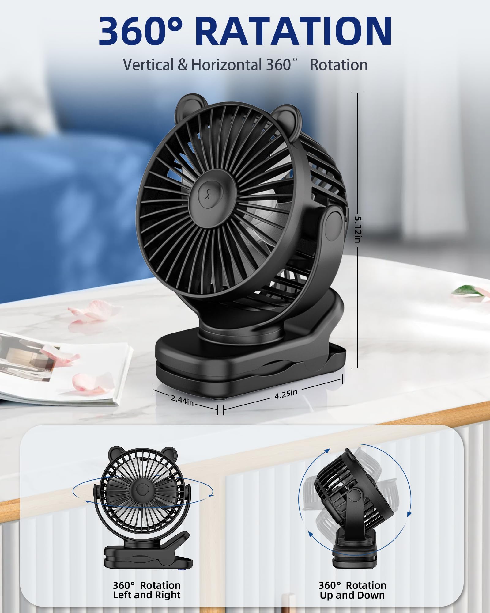 KIDEE Portable Clip on Fan, Small Desk Fan Battery Operated, 360° Rotation, Cute Design, 3 Speed, Mini Table Fan USB Rechargeable, Personal Cooling Baby Stroller Fan for Home Office Outdoor Travel