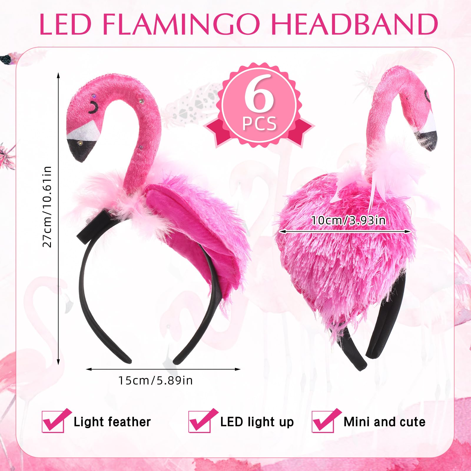 Solsew 6 Pcs LED Hawaii Flamingo Headband Pink Light up Flamingo Headdress Flamingo Accessories 3D Glowing Headwear Hair Hoop Animal Cosplay Hairband for Adult Women Hawaiian Summer Party