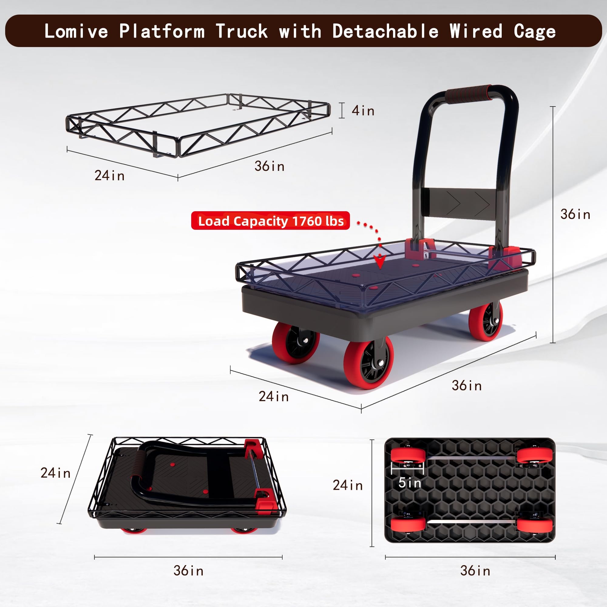 2IN1 Heavy Duty Platform Trucks Flatbed Carts, Push Cart Dolly 1760lbs Capacity Hand Trucks w/Detachable Solid Steel Wire Fence, 36×24 Collapsible Cage Cart Dolly, 5-Inch Silent TPR Wheels