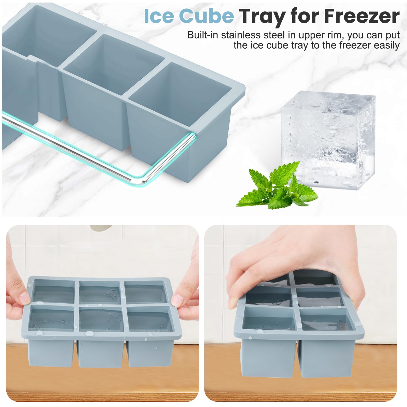 Large Silicone Ice Cube Tray 3Pack, SAWNZC Large Ice Cube Molds for Whisky Cocktail, 2inch Big Square Ice Tray for Freezer