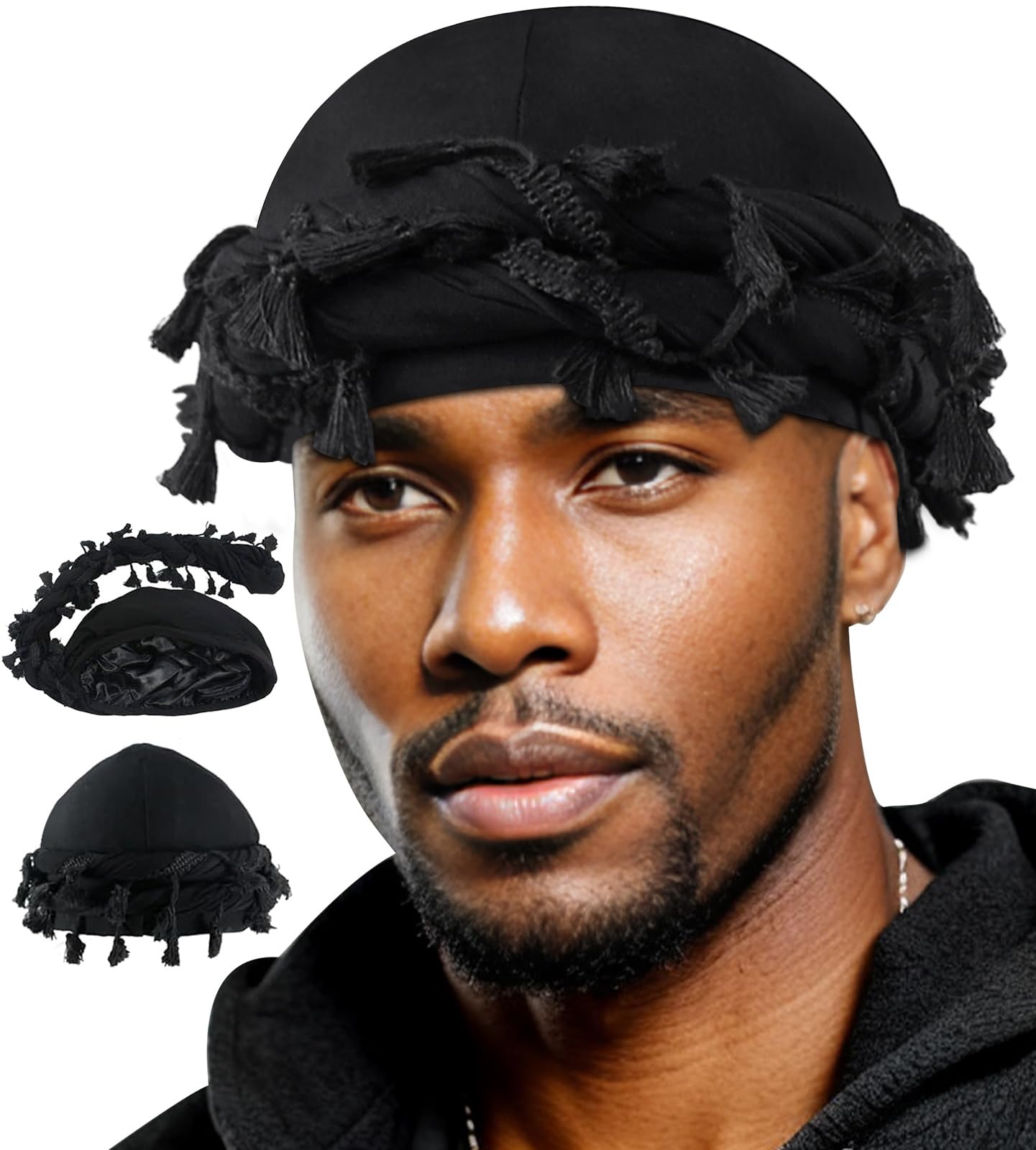 Babalet Halo Turban for Men Women Satin Lined Durag Head Wraps Scarf Skull Cap Pre-Tied Twist Sleeping Bonnet, Black