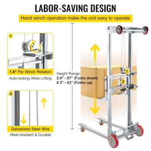 VEVOR 41.7" L x 25.8" W x 72.4" H Manual Winch Stacker, with 2.4" - 63" Height Range and 551 lbs Capacity, Adjustable Straddle Hand Winch Lift Truck, Material Lifts for Warehouse and Factory