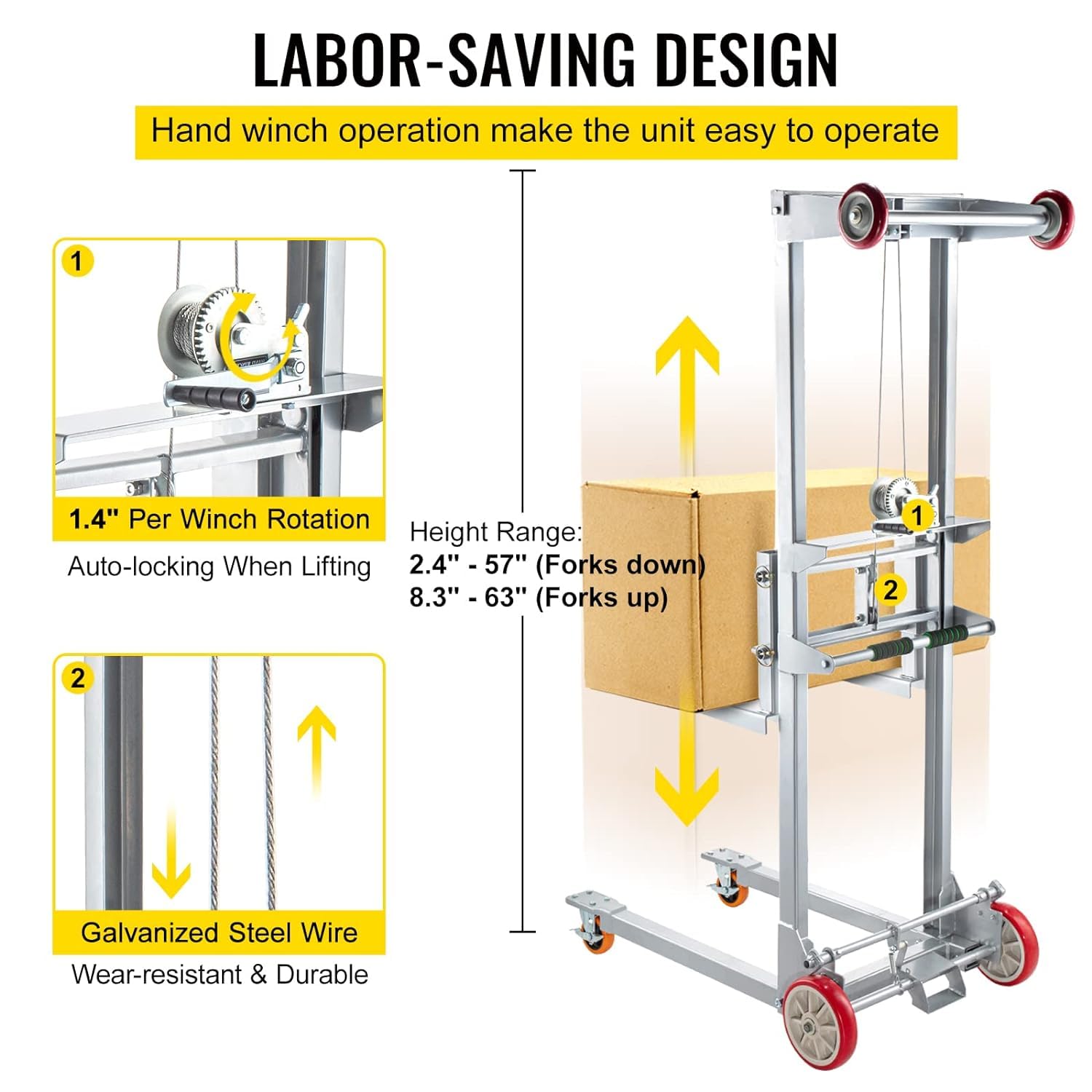 VEVOR 41.7" L x 25.8" W x 72.4" H Manual Winch Stacker, with 2.4" - 63" Height Range and 551 lbs Capacity, Adjustable Straddle Hand Winch Lift Truck, Material Lifts for Warehouse and Factory