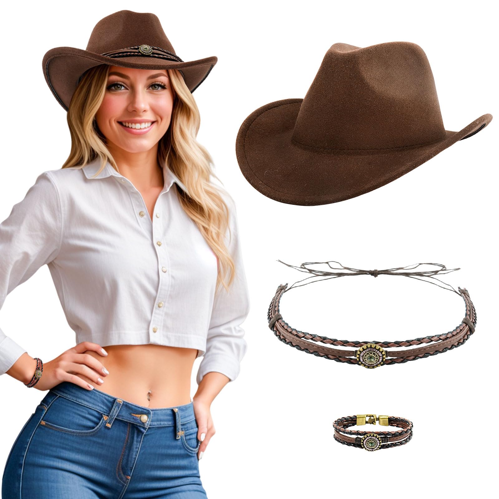 DOCILA Brown Cowboy Hat Men Women with Removable Pu Leather Rhinestone Hat Strap & Wrap Bracelet Set Western Cowgirl Hats Felt Rodeo Outfits Accessories