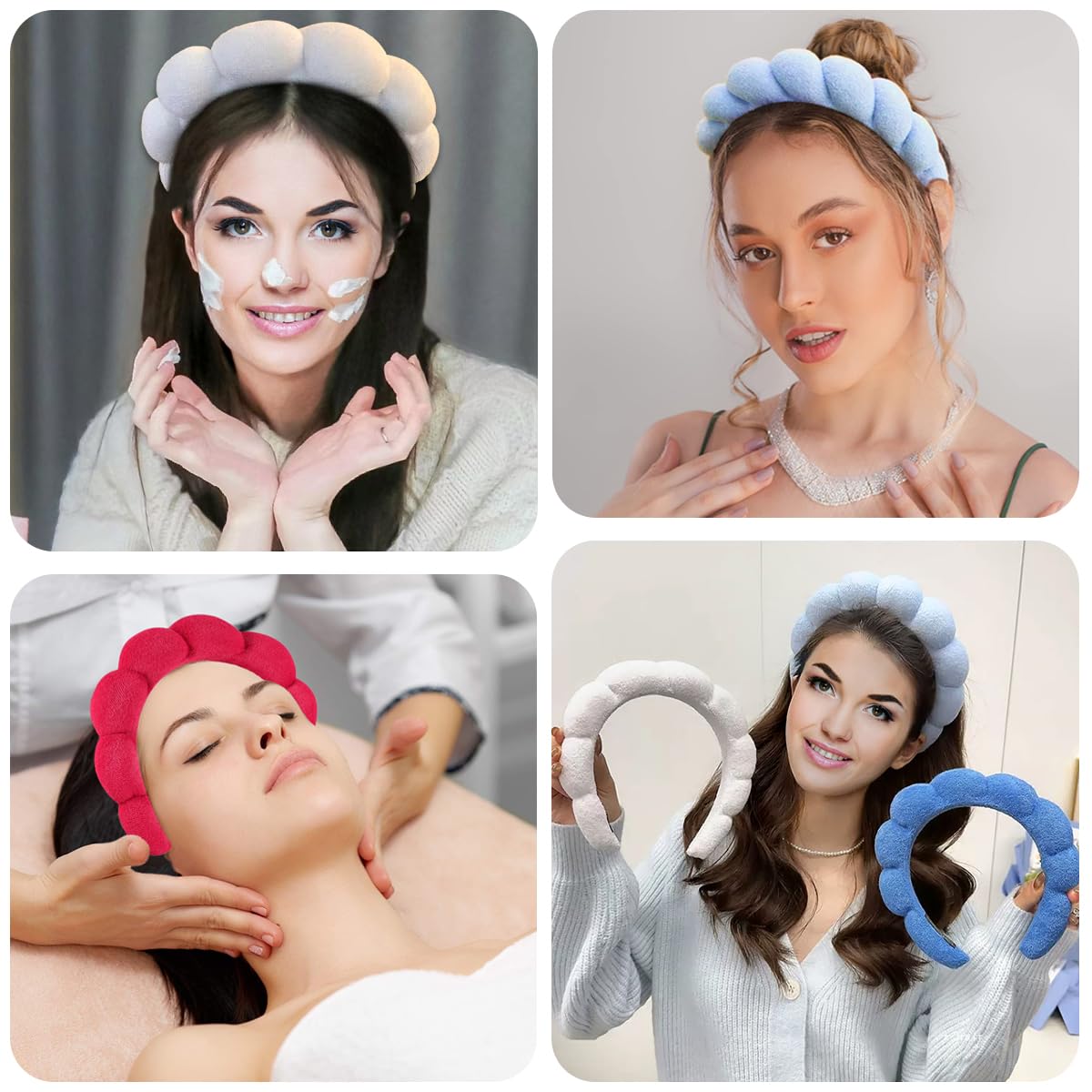 ANEESAA Spa Headband for Washing Face Wristband Set Sponge Makeup Skincare, Terry Cloth Bubble Soft Get Ready Hairband for Women Girl Puffy Padded Headwear Thick Hair Accessory (Blue)