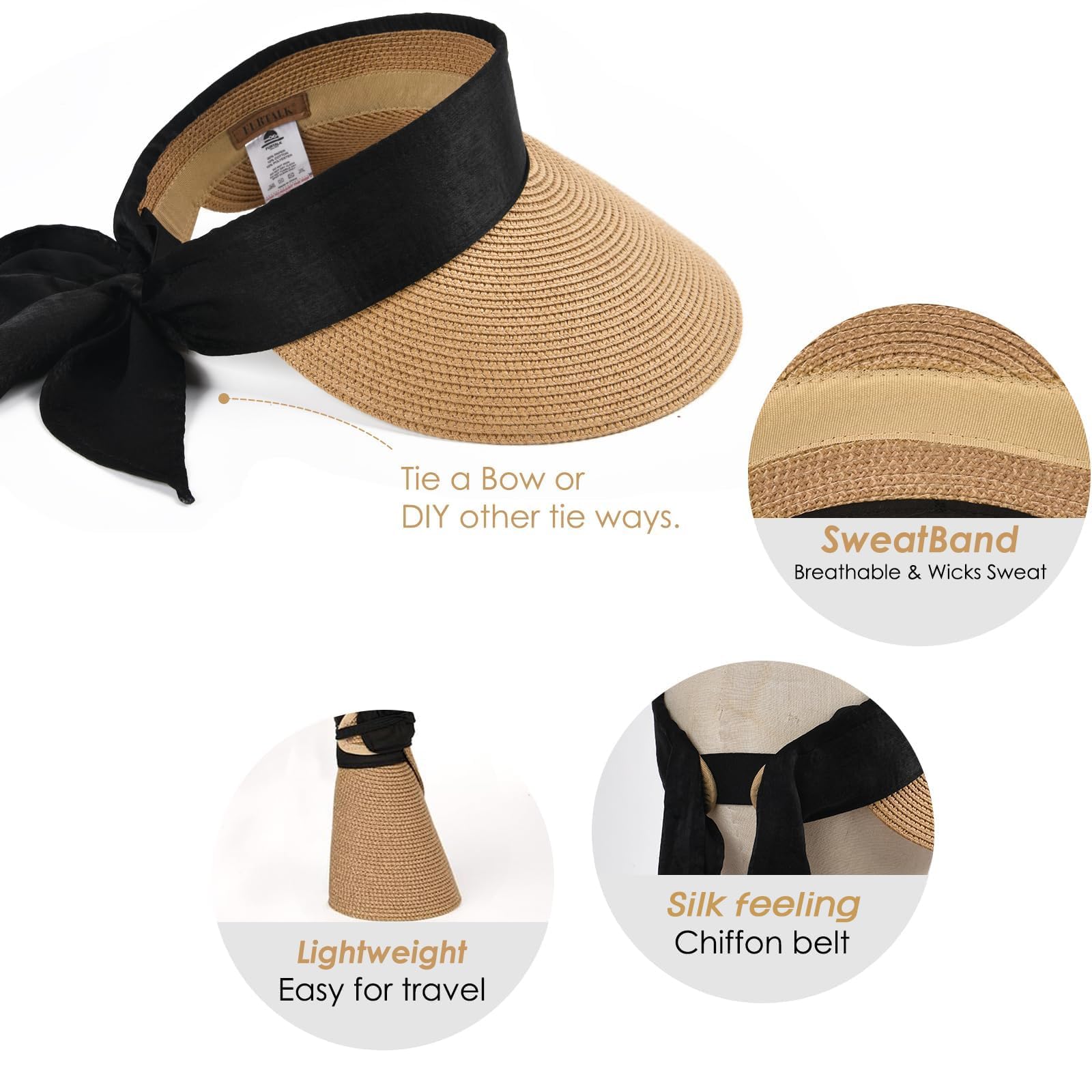 FURTALK Straw Sun Visor Hats for Women Summer Beach Sun Hat Packable UPF 50 Sun Protection Travel Hat with Big Tie Khaki