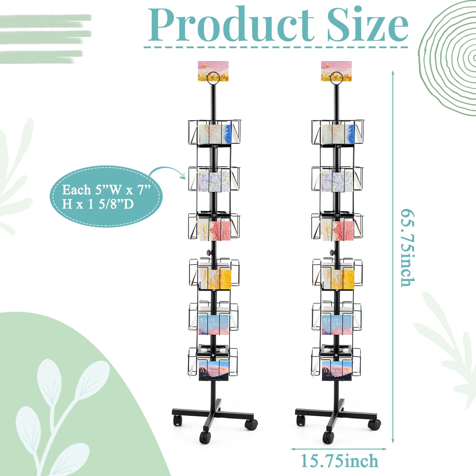 GlikCeil 2 Pcs Rotating Greeting Card Rack 24 Pocket 6 Tier Metal Greeting Card Display Rack Fit 5" x 7" Cards Stand Spinning Postcard Greeting Card Holder for Grocery Retail Thrift Convenience Store