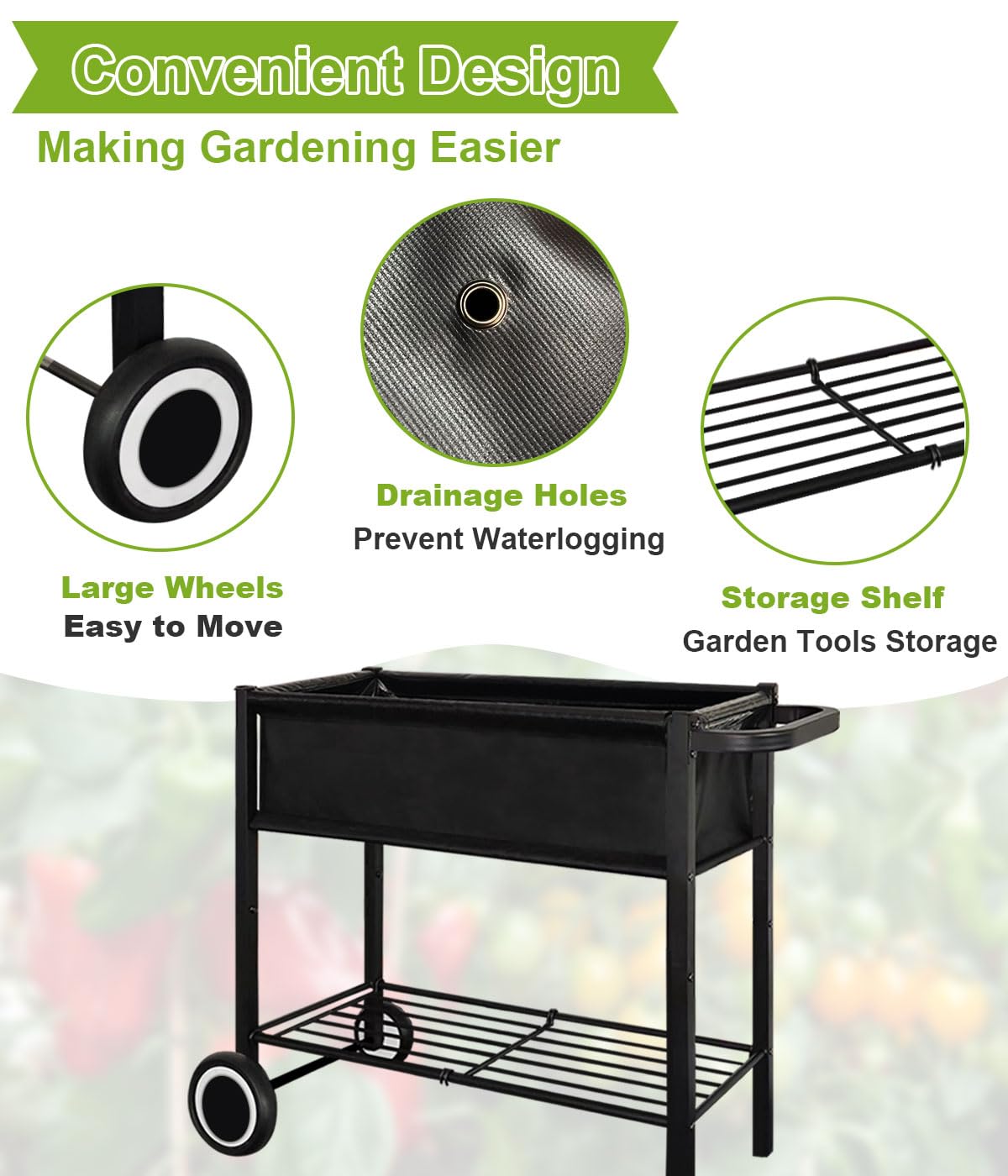 Fiwithy Raised Garden Bed with Legs for Outdoor Plants, Standing Elevated Planter Box Cart on Wheels for Vegetables Flower Herb Patio, Black