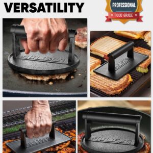 HULISEN Pre-Seasoned Cast Iron Burger Press, Heavy Duty 6” Burger Smasher for Griddle with Heat Resistant Handle, Grill Press for Hamburger, Bacon, Meat, Steak, Patty, Barbecue Grilling Tool, 2.3lb