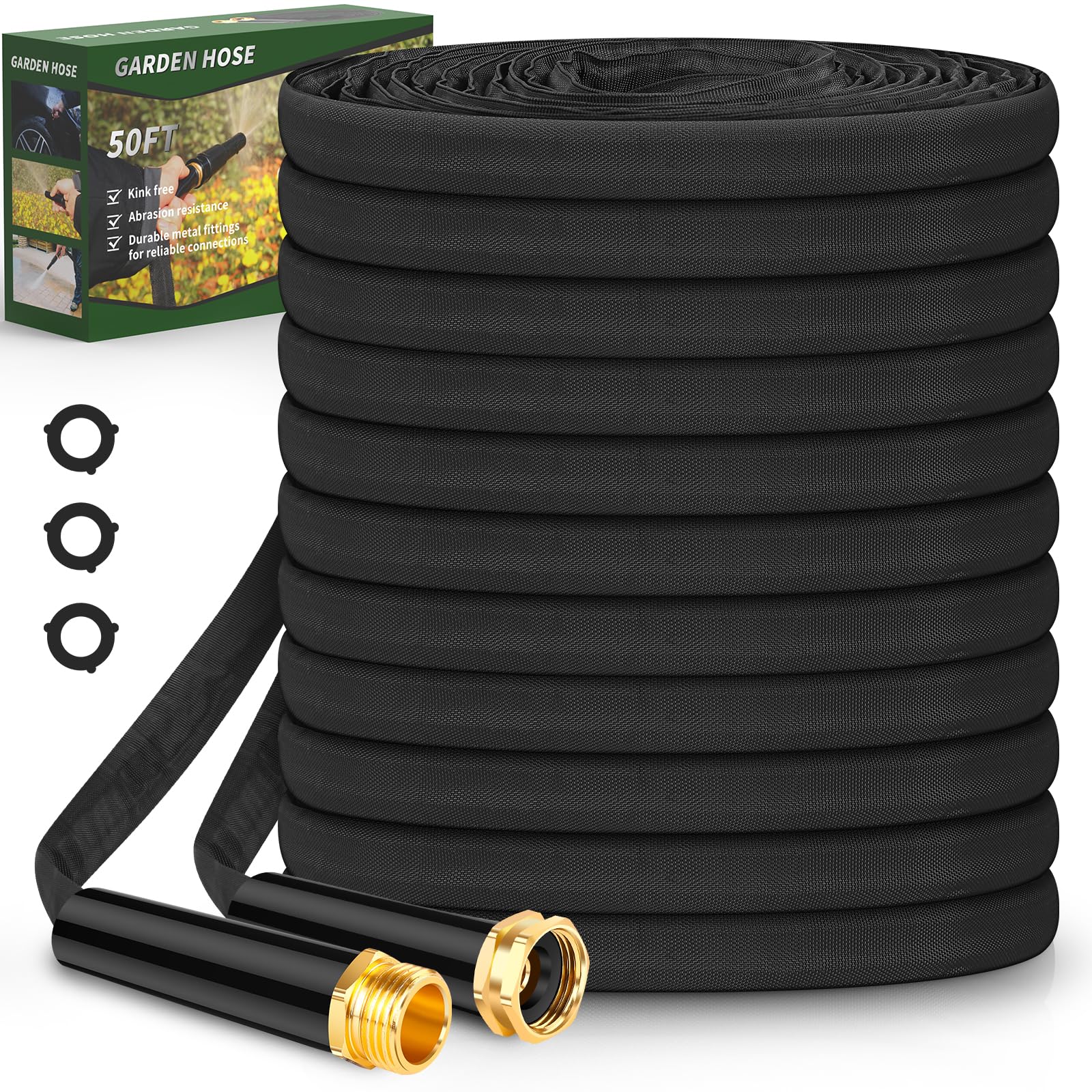 Non-Expanding Garden Hose 50FT, Sturdy & Lightweight Water Hose, No-Kink, Tough & Flexible Hose, Crush-Proof for Yard, Lawn, Outdoor, Car Wash, Marine and Camper