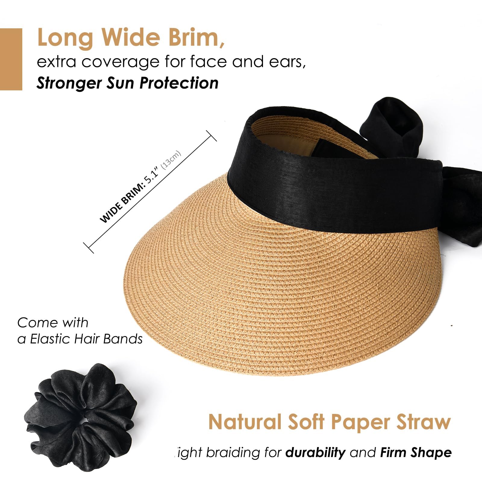 FURTALK Straw Sun Visor Hats for Women Summer Beach Sun Hat Packable UPF 50 Sun Protection Travel Hat with Big Tie Khaki