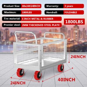 5IN1 Heavy Duty Platform Truck Cart with Cage-40×24" Hand Truck,1800lbs Capacity Basket Cart w/Wheels,Multi-Functional Push Cart Dolly w/6” Swivel Casters, Versatile Flatbed Cart丨Stall Cart