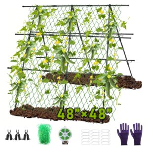 cucumber trellis for climbing plants outdoor, 48 x 48in foldable a-frame trellis tall cucumber trellis for raised bed garden trellis for vegetables with climbing net for bean squash,grape zucchini