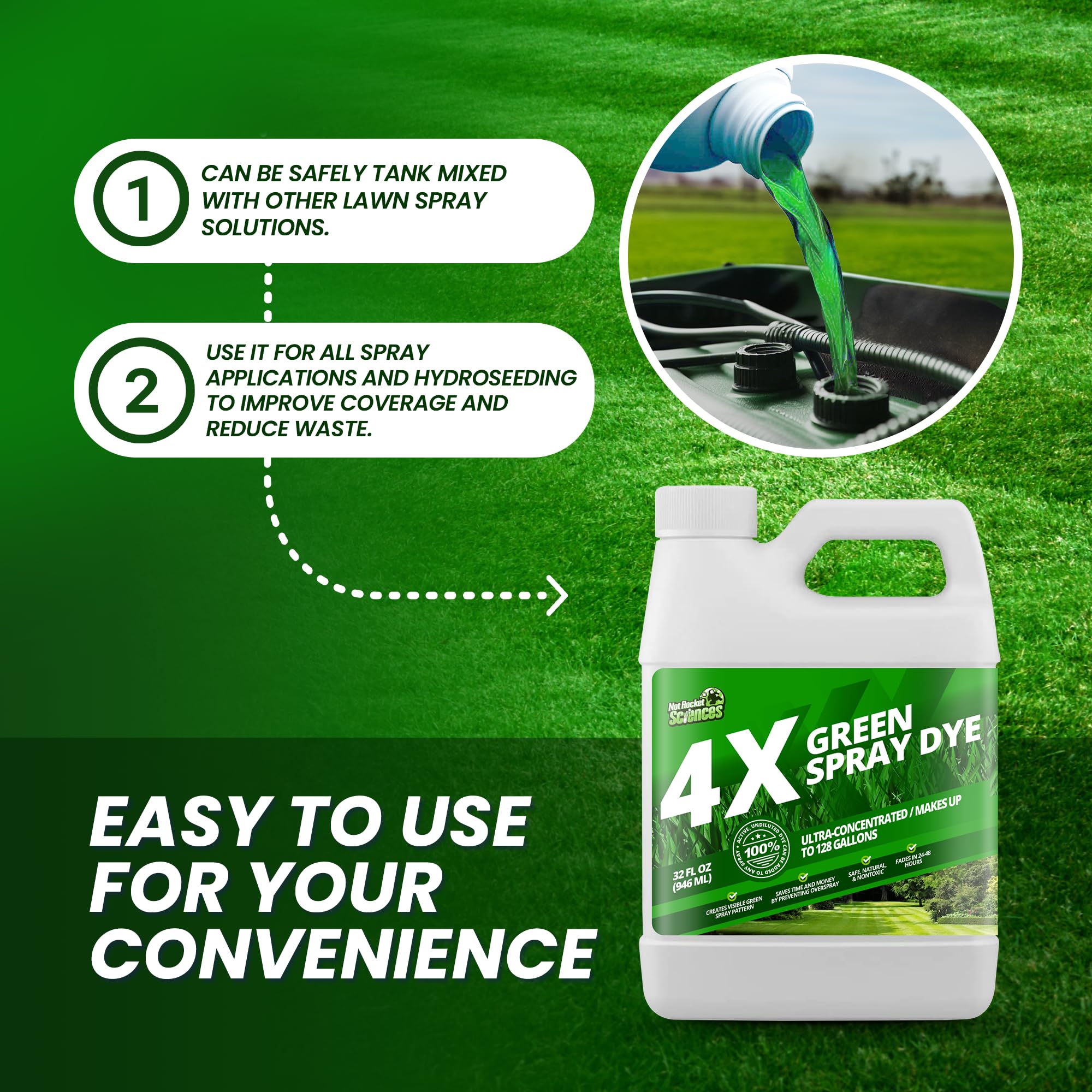 4X Green Spray Dye - Concentrated Spray Pattern Indicator Dye and Fertilizer Marking Dye, Lawn Turf Mark and Marker, Easily Mark Where You've Sprayed, Safe & Non-Staining Spray Indicator Dye, 32 oz.