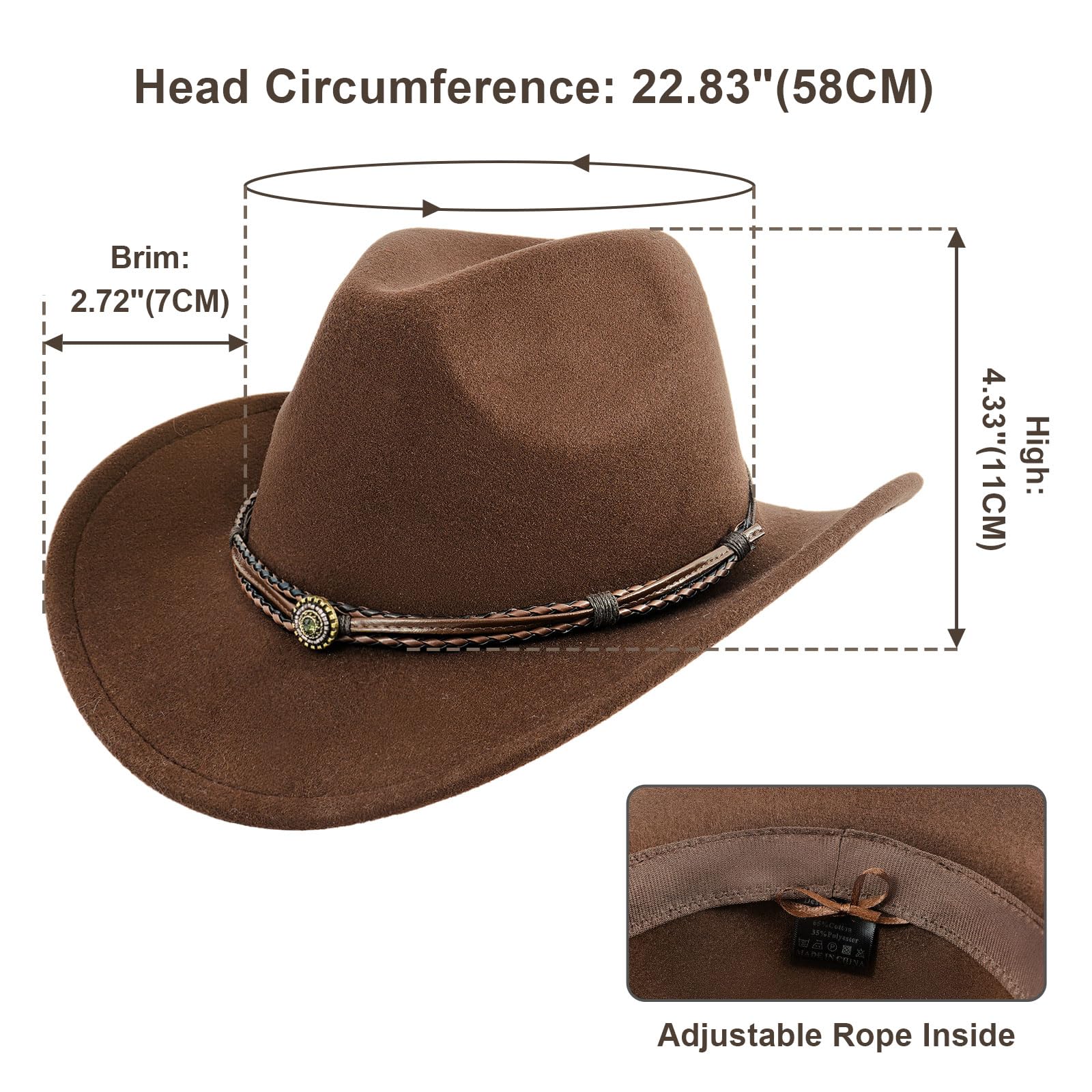 DOCILA Brown Cowboy Hat Men Women with Removable Pu Leather Rhinestone Hat Strap & Wrap Bracelet Set Western Cowgirl Hats Felt Rodeo Outfits Accessories