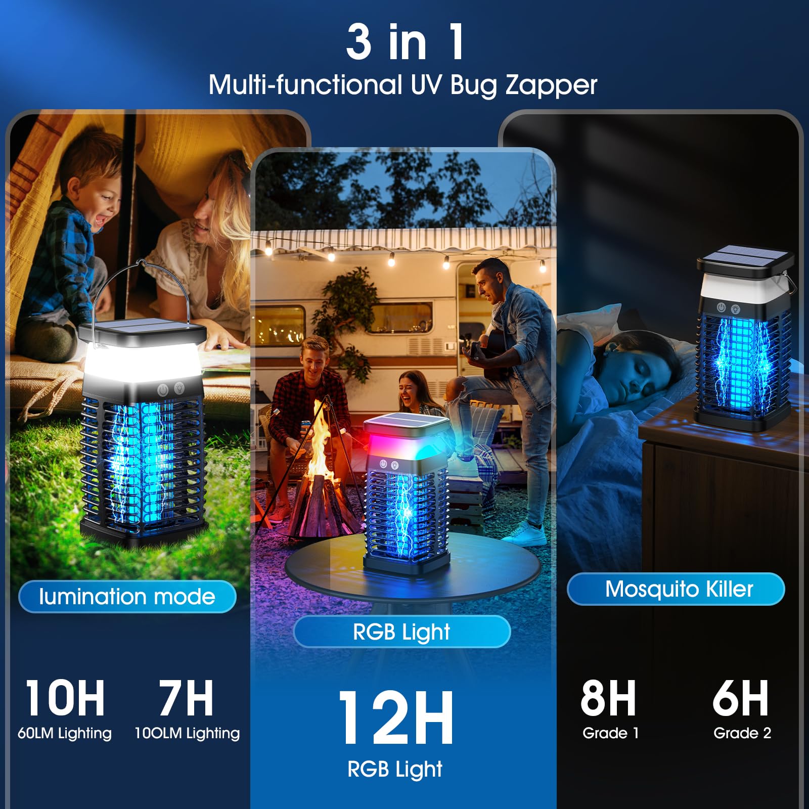 Bug Zapper Outdoor Indoor Mosquito Zapper Solar Fly Zapper Rechargeable Electric Mosquito Killer IP68 Waterproof Insect Fly Trap Plug in with RGB Light & Reading Lamp for Patio Camping Home Backyard