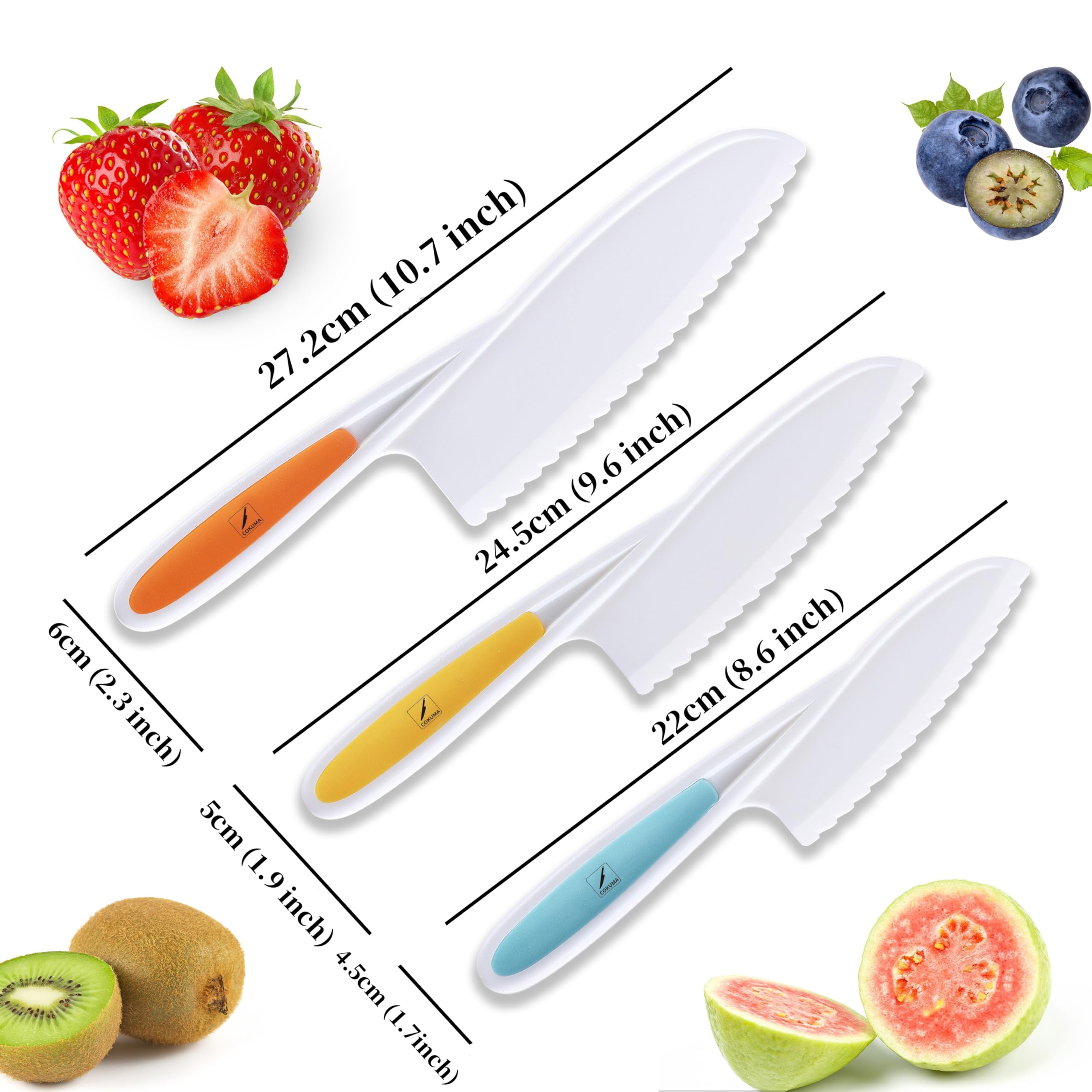 COKUMA 3PCS Toddler Knife Set, Plastic Kids Knife Set for Real Cooking, Round Tips with Serrated Edges, Perfectly Safe Kids Knife Set (Orange, Blue, Green)