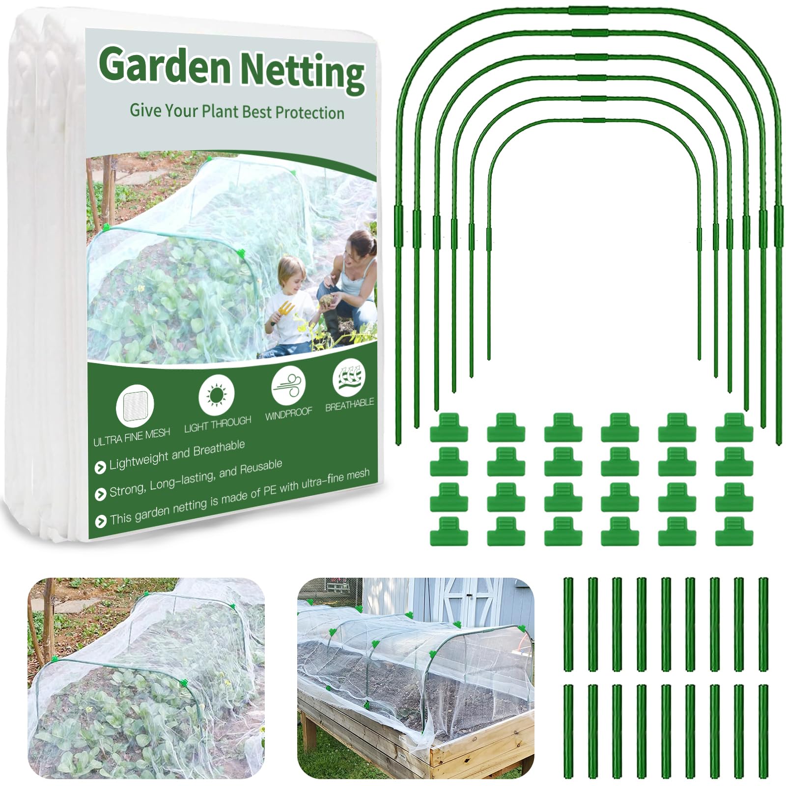 Garden Netting Kit for Raised Beds, 8x20ft Garden Netting Mesh with 6 Sets Garden Hoops (2FT Wide) ＆ 24 Clips, Garden Mesh Netting Kit Row Cover for Plant, Garden Protection, Birds Animals Barrier