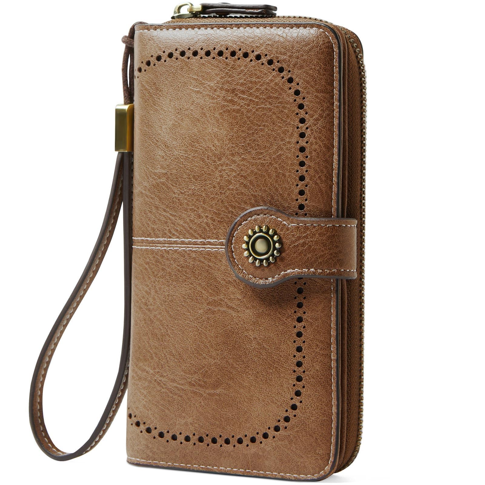 TFKGS Wallet for Women RFID Blocking Leather Large Capacity Card Holder Ladies Phone Clutch Travel Long Purse Wristlet Brown