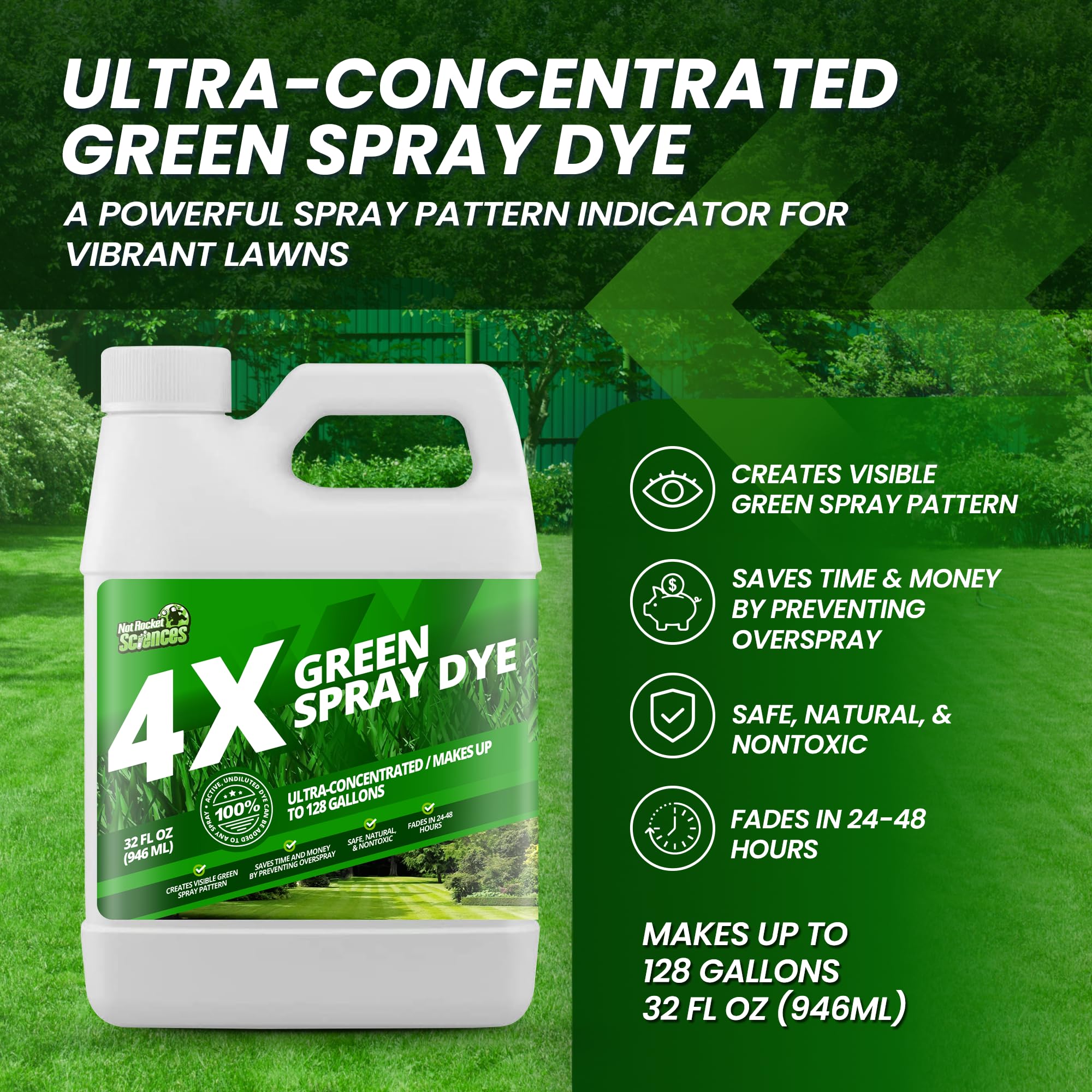 4X Green Spray Dye - Concentrated Spray Pattern Indicator Dye and Fertilizer Marking Dye, Lawn Turf Mark and Marker, Easily Mark Where You've Sprayed, Safe & Non-Staining Spray Indicator Dye, 32 oz.