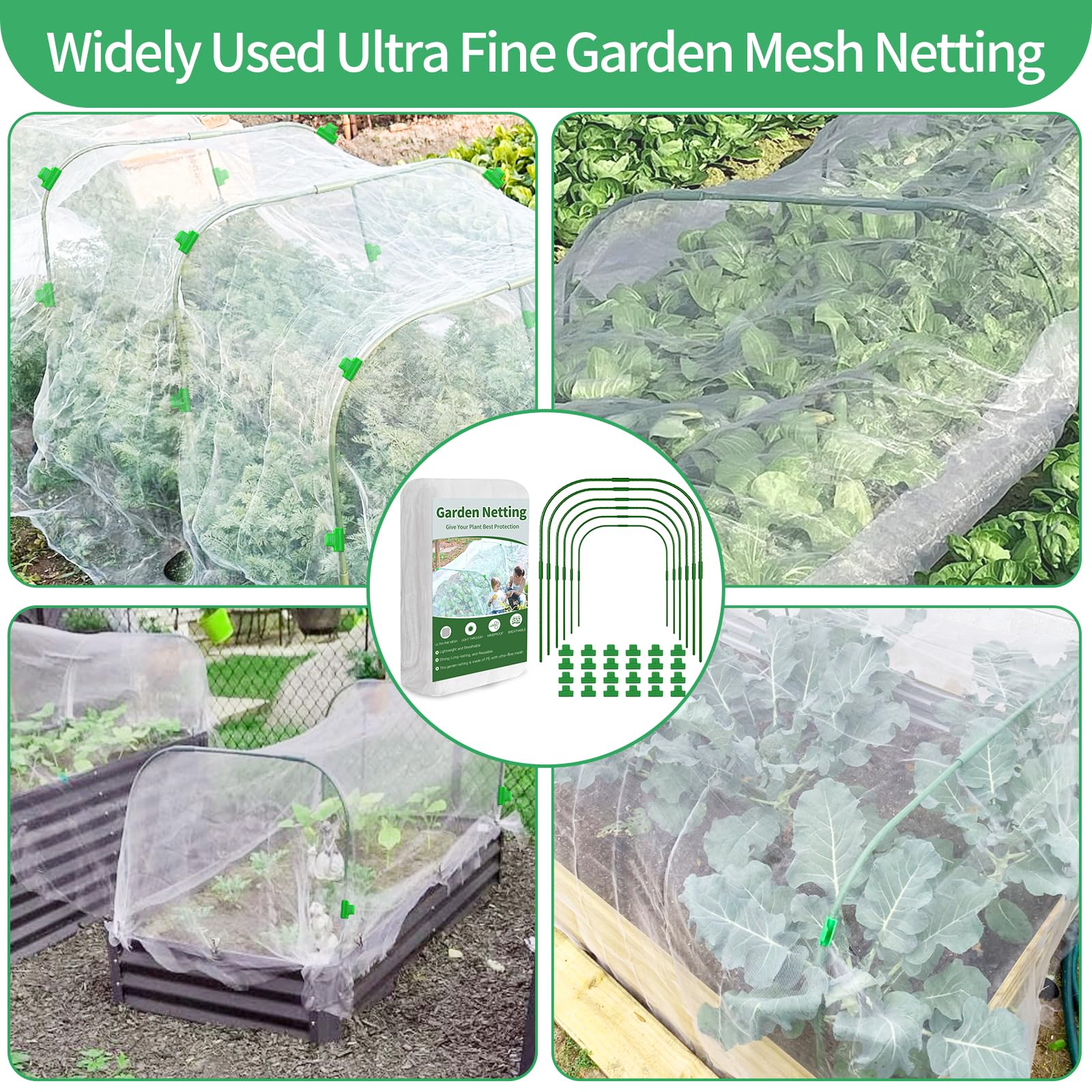 Garden Netting Kit for Raised Beds, 8x20ft Garden Netting Mesh with 6 Sets Garden Hoops (2FT Wide) ＆ 24 Clips, Garden Mesh Netting Kit Row Cover for Plant, Garden Protection, Birds Animals Barrier