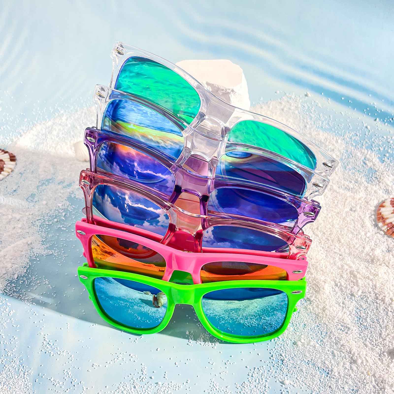 Geopty 15 Pack Neon Party Favors Sunglasses Bulk, Retro Colorful Mirror Lens Sunglasses 80s 90s Party Glasses (Color, Clear)