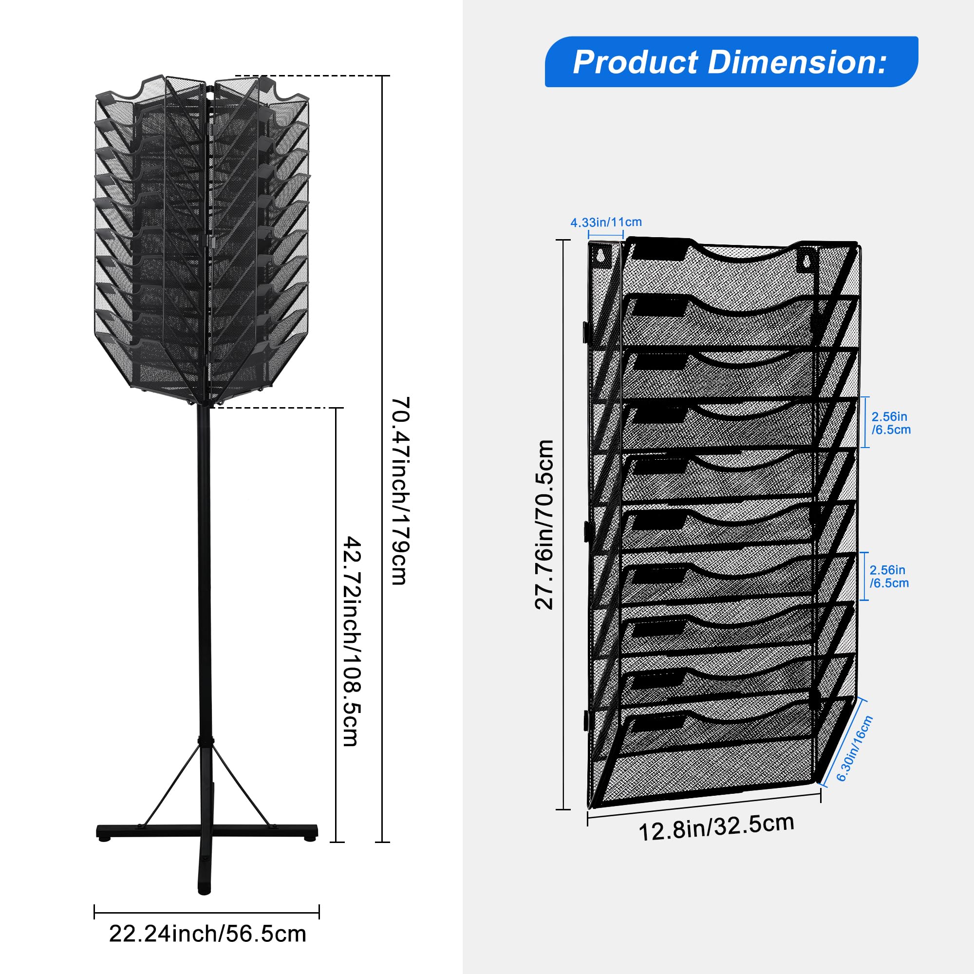TQVAI Brochure Display Stand, 30 Pockets Rotating Display Rack for Magazine Literature Greeting Cards Comic Books, Hanging Wall File Organizer Holder, Black
