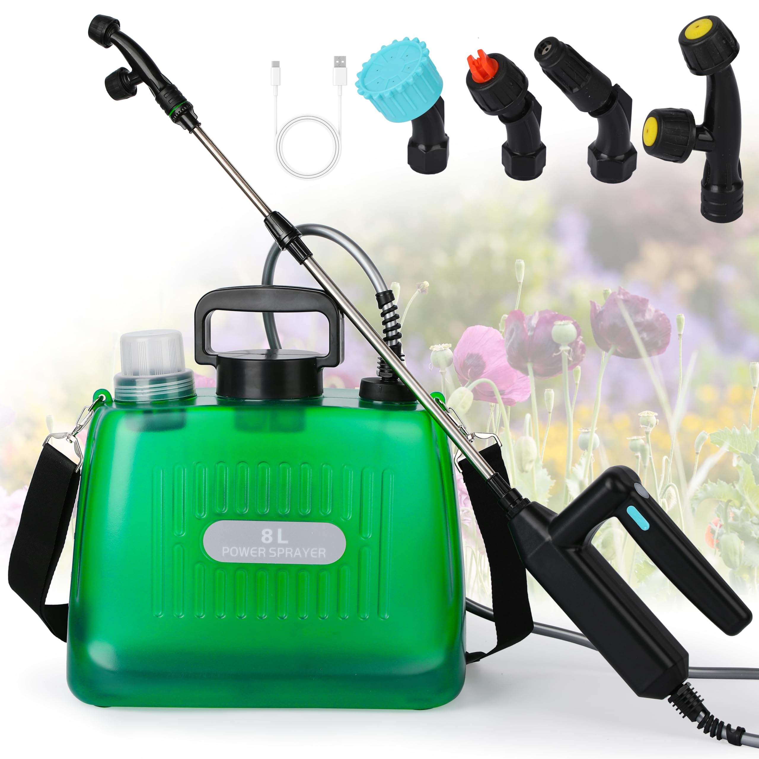 Ramarmro Battery Powered Sprayer 2 Gallon, Electric Sprayer with 4 Mist Nozzles, USB Rechargeable Handle, 32in telescopic Wand, Garden Sprayer with Adjustable Shoulder Strap for Lawn, Garden, Cleaning