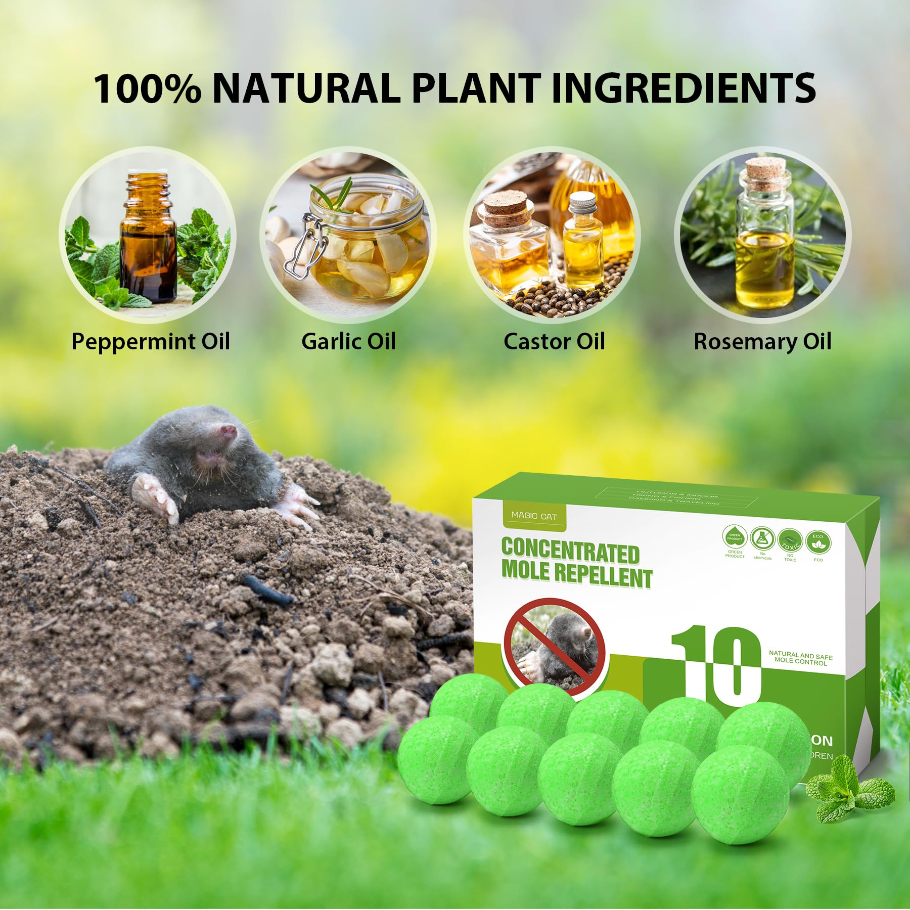 MAGIC CAT Mole Repellent for Lawns, 10 Pack Natural Castor Oil Vole Repellent Outdoor Pet Plant Safe, Gopher Repellent Mole Deterrent to Keep Mole Vole Groundhog Out of Your Lawn Yard Garden