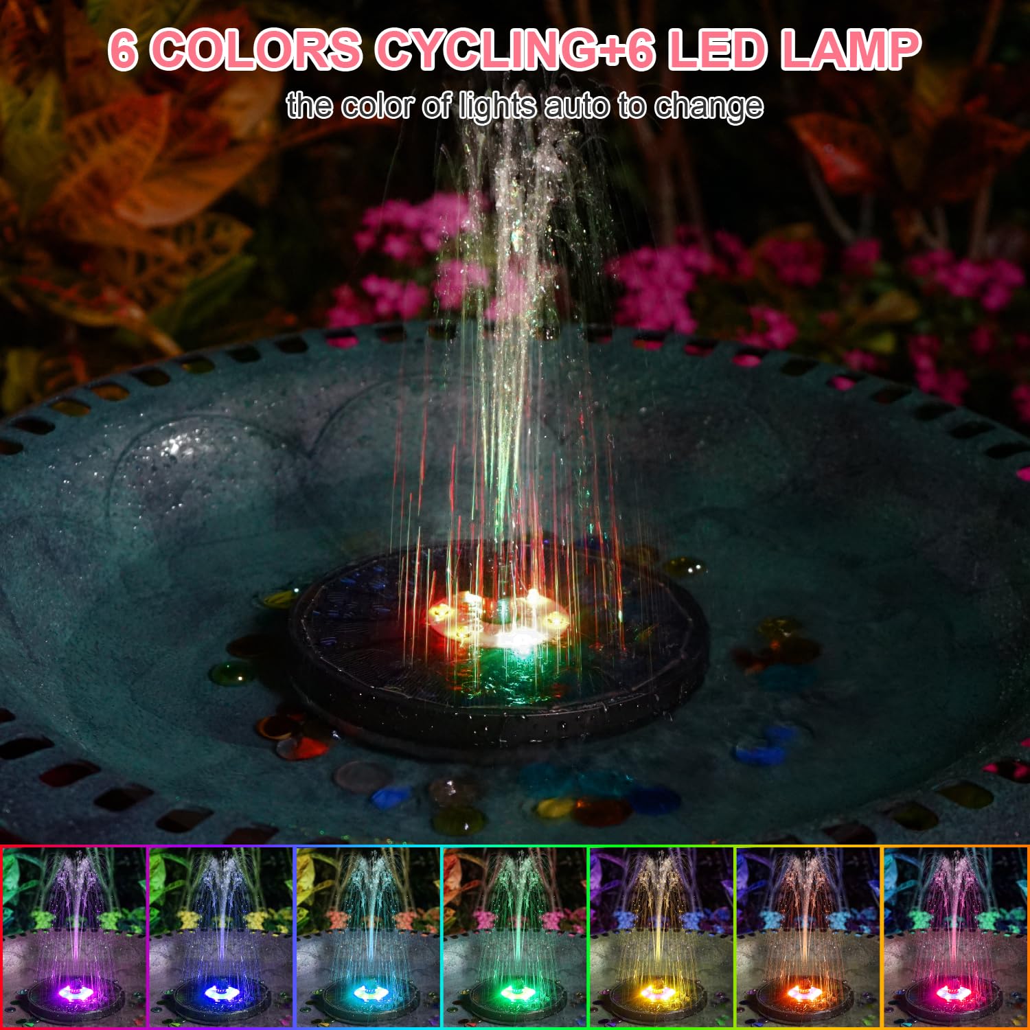 Yzert Solar Fountain Bird Bath Fountains with Colorful Light&Pink Flower,Solar Powered Water Fountain with 7 Nozzle & 4 Fixer,Solar Fountain Pump for Bird Bath, Pool, Garden, Pond(Black Panel)