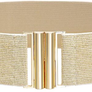 Glamorstar Wide Stretchy Waist Belt for Women Elastic Belt for Dresses Beige Band Gold Buckle 95cm Fit Waist 37"-41"