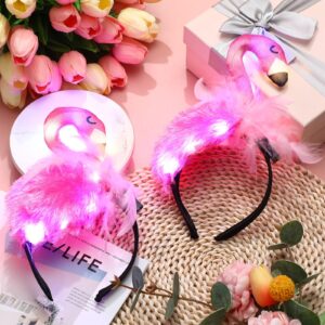 Solsew 6 Pcs LED Hawaii Flamingo Headband Pink Light up Flamingo Headdress Flamingo Accessories 3D Glowing Headwear Hair Hoop Animal Cosplay Hairband for Adult Women Hawaiian Summer Party