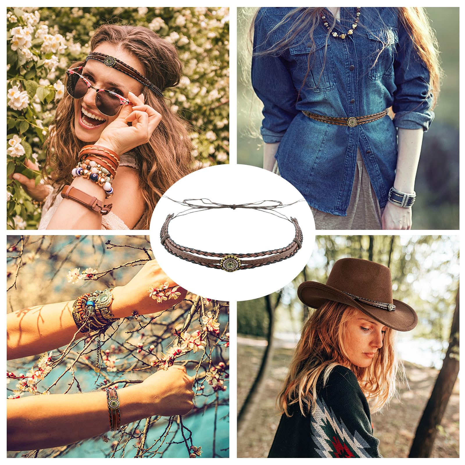 DOCILA Brown Cowboy Hat Men Women with Removable Pu Leather Rhinestone Hat Strap & Wrap Bracelet Set Western Cowgirl Hats Felt Rodeo Outfits Accessories