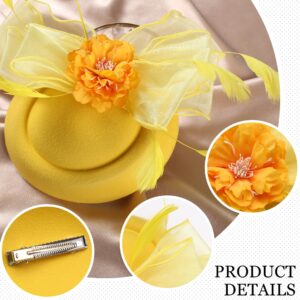 Zinniday Yellow Feathers Veil Fascinators - 50s Cute Flower Headwear Tea Party Hats Artificial Floral Hat Decor with Hair Clip for Women Girls