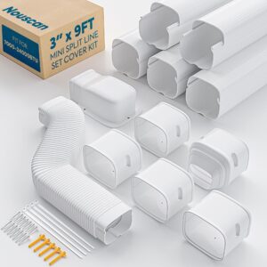 nouscan 3" 9ft mini split line set cover with flexible duct, upgrade pp decorative minisplit lineset cover kit, paintable for mini split, air conditioner, central ac, havc and heat pumps, white