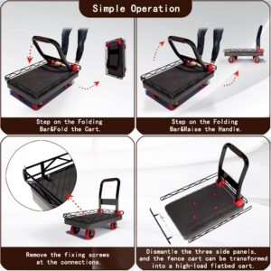 2IN1 Heavy Duty Platform Trucks Flatbed Carts, Push Cart Dolly 1760lbs Capacity Hand Trucks w/Detachable Solid Steel Wire Fence, 36×24 Collapsible Cage Cart Dolly, 5-Inch Silent TPR Wheels