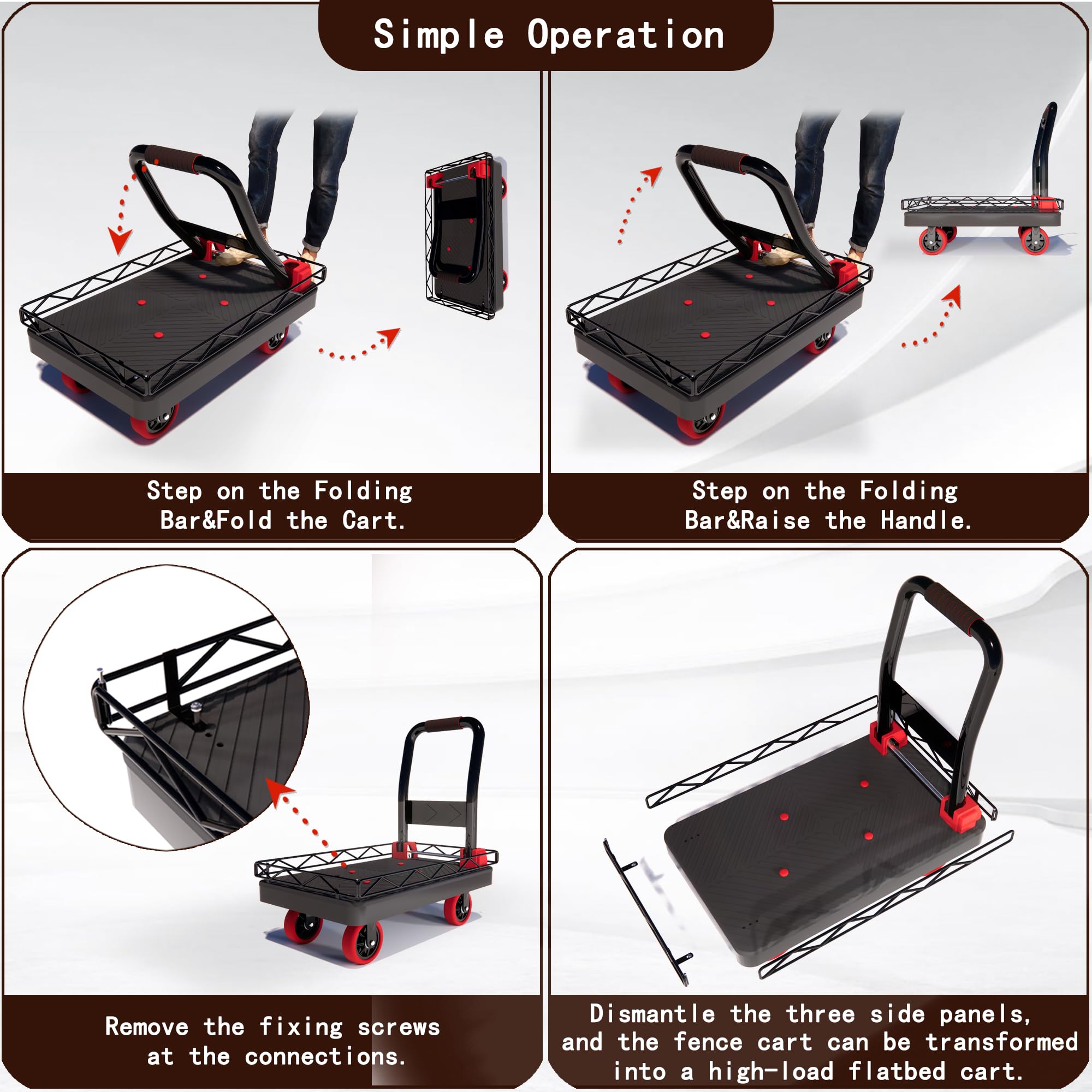 2IN1 Heavy Duty Platform Trucks Flatbed Carts, Push Cart Dolly 1760lbs Capacity Hand Trucks w/Detachable Solid Steel Wire Fence, 36×24 Collapsible Cage Cart Dolly, 5-Inch Silent TPR Wheels