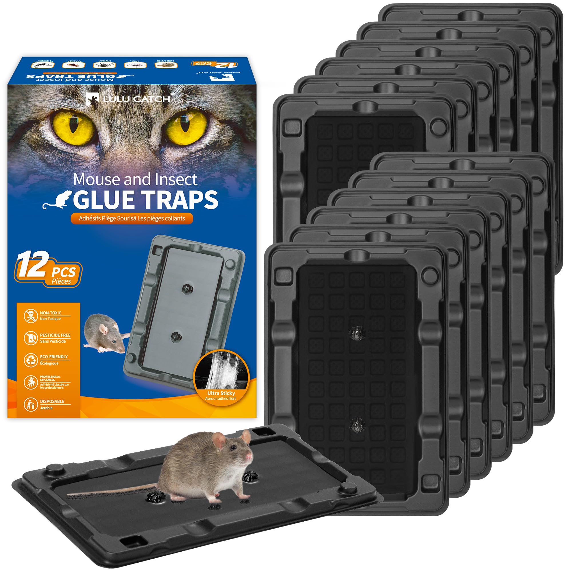 LULUCATCH Mouse & Insect Glue Traps, 12 Pack Adhesive Glue Traps, Pre-Baited Glue Boards Non-Toxic Bulk Mouse Traps Indoor for Mole, Cockroach, Flea, Insects, Rodent, Bug, Pet Safe for House & Garage